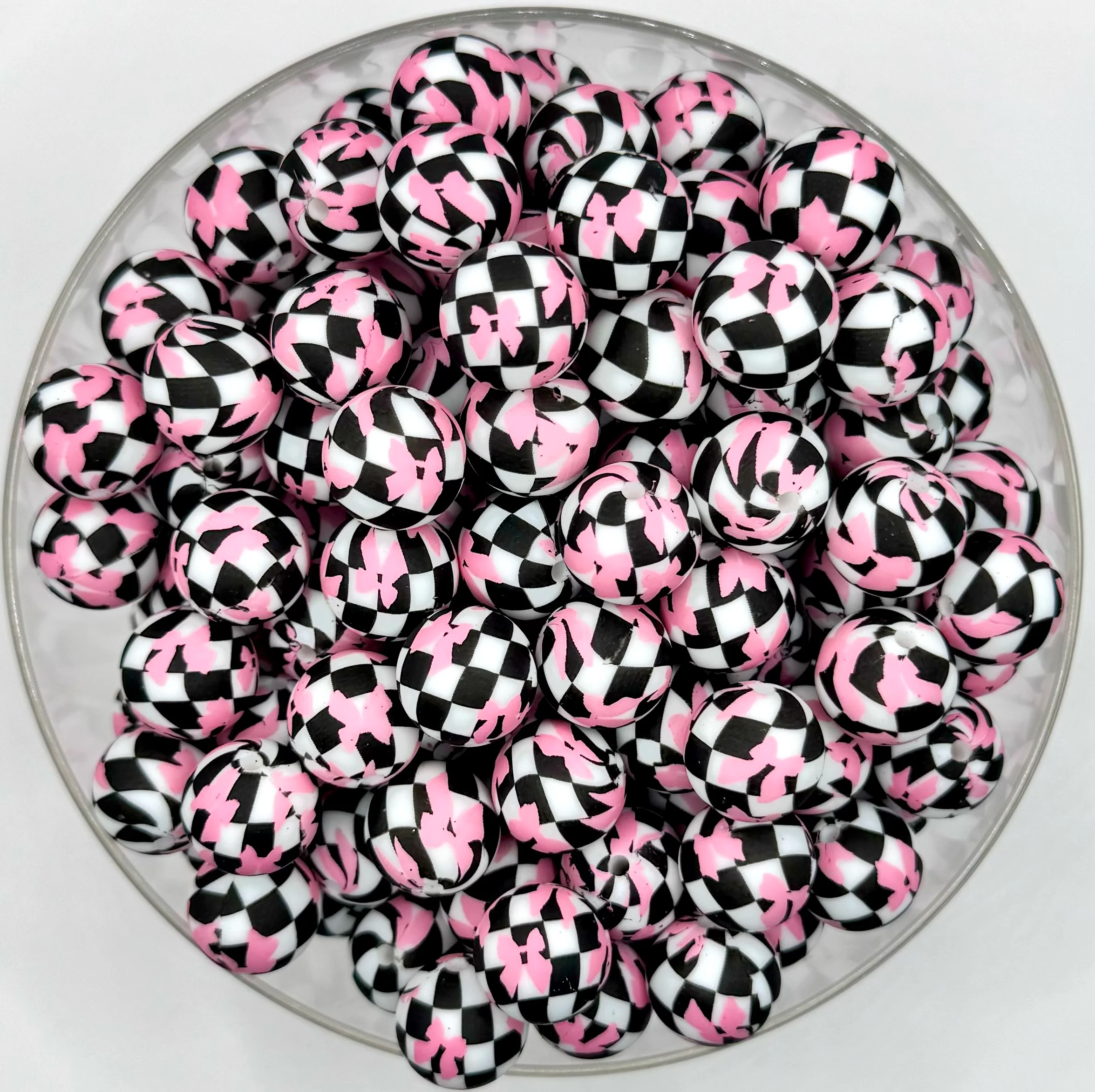 15mm pink bow checkered print (HBK exclusive) silicone bead