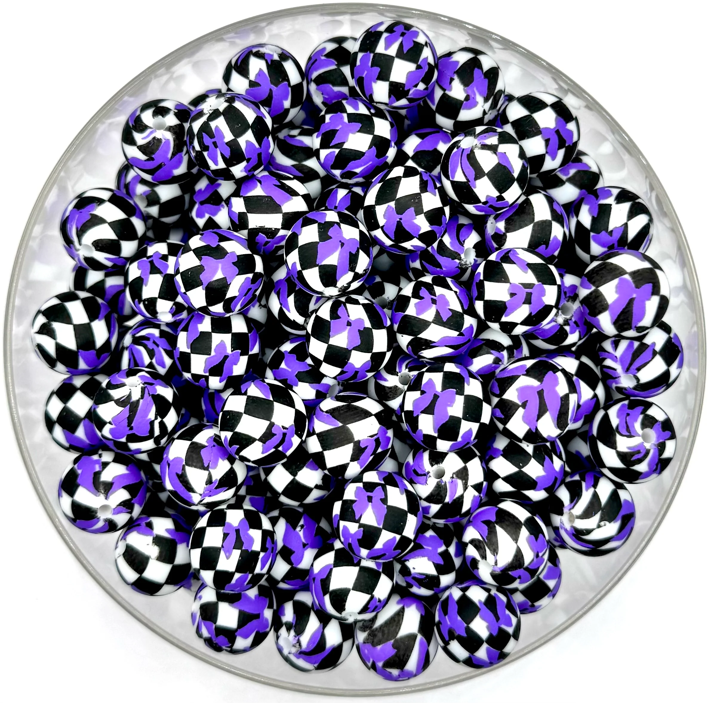 15mm purple bow checkered print (HBK exclusive) silicone bead
