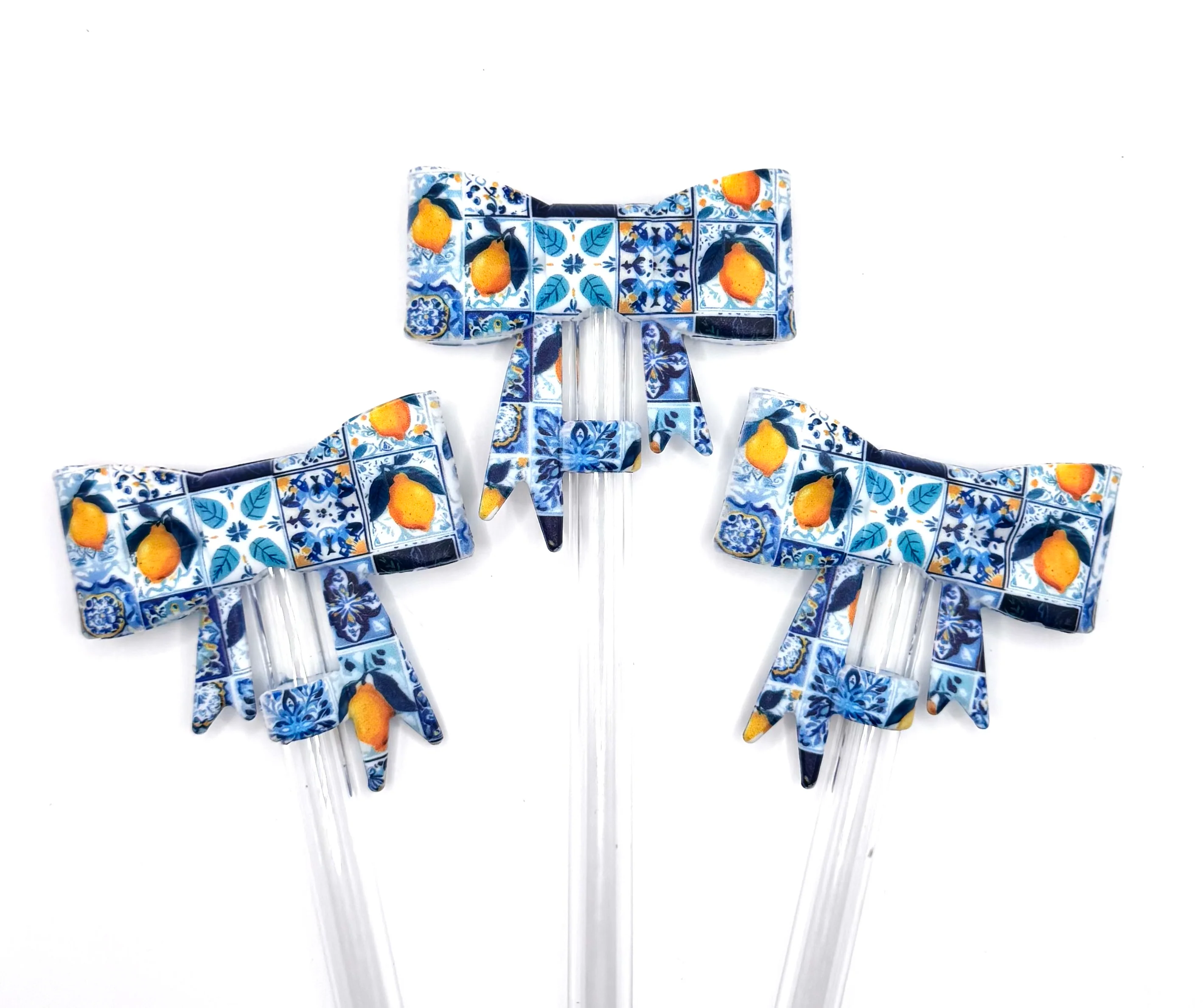 Blue lemon patchwork silicone straw topper