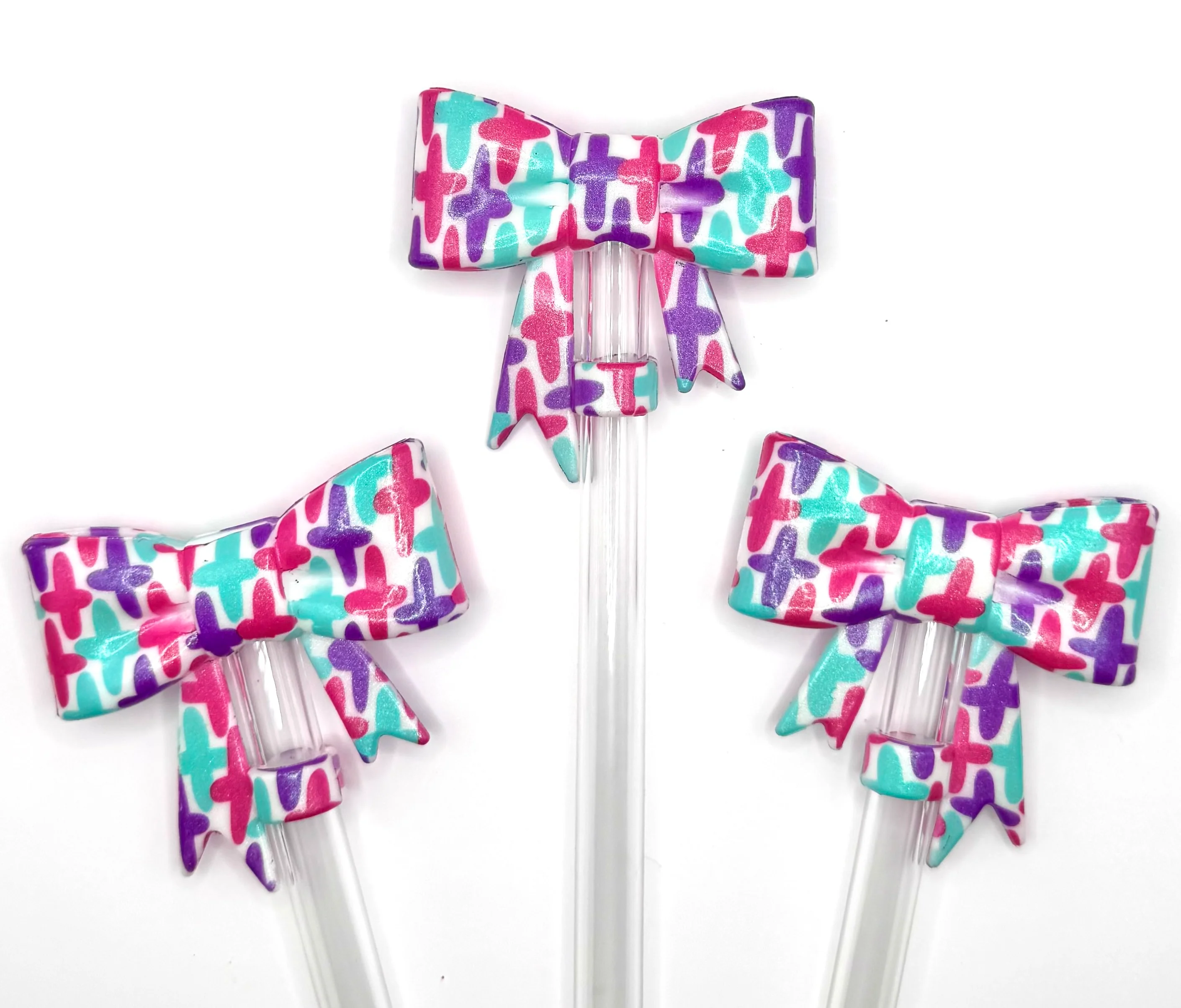 Opal Brush stroke cross print big bow silicone straw topper (HBK exclusive)