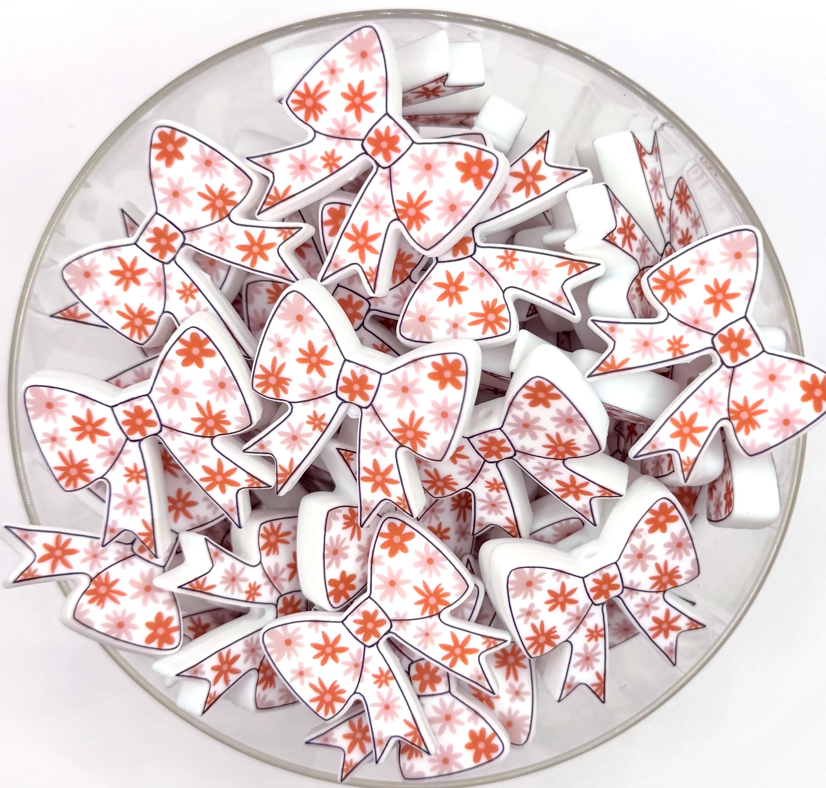 Burnt orange daisy printed bow (HBK exclusive silicone focal bead