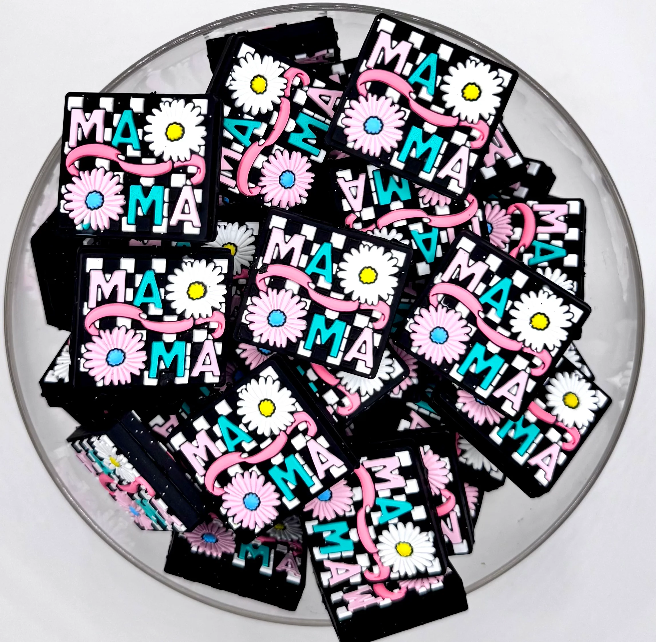 Checkered floral MAMA silicone focal bead