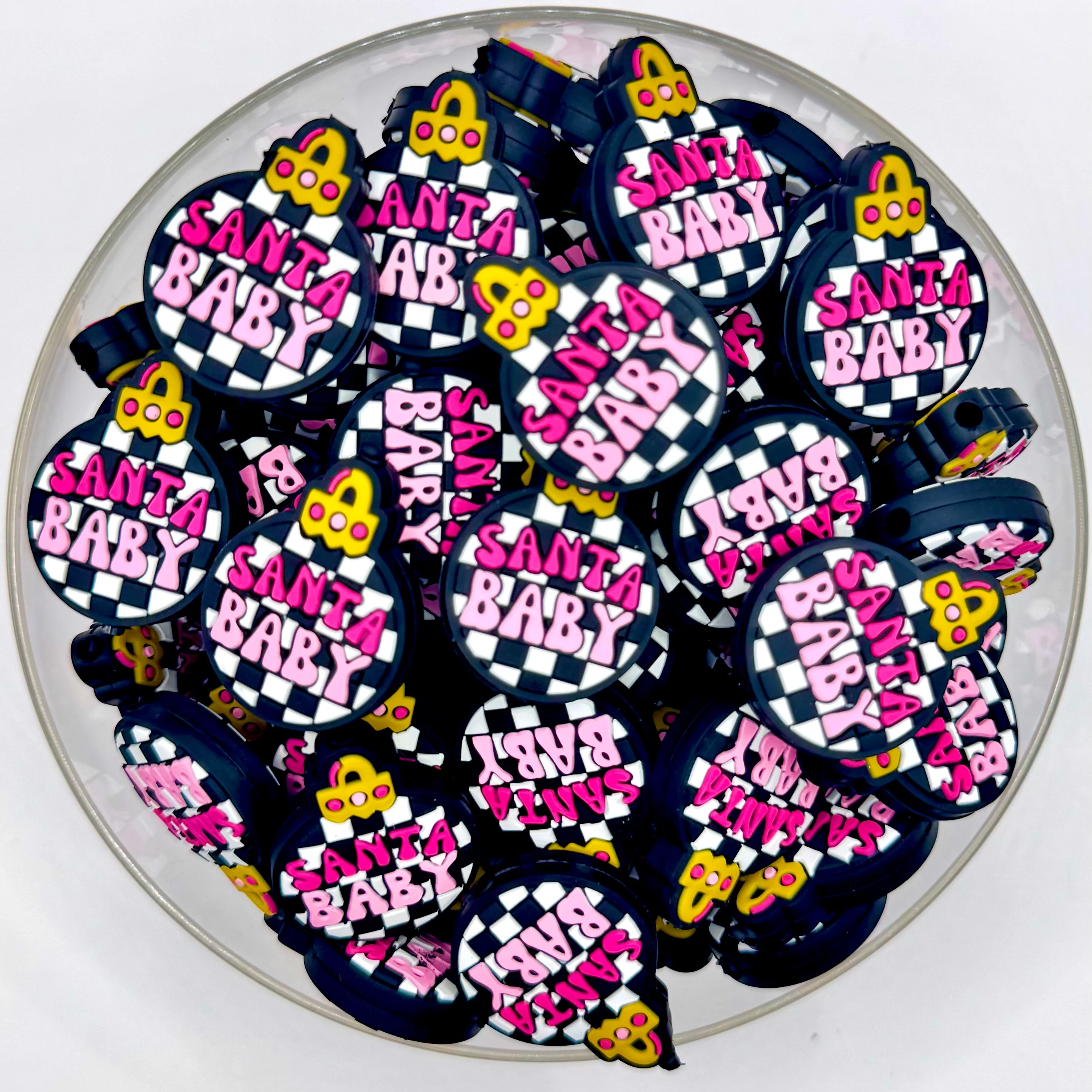 Pink Checkered Santa baby ornament (HBK exclusive) silicone focal bead