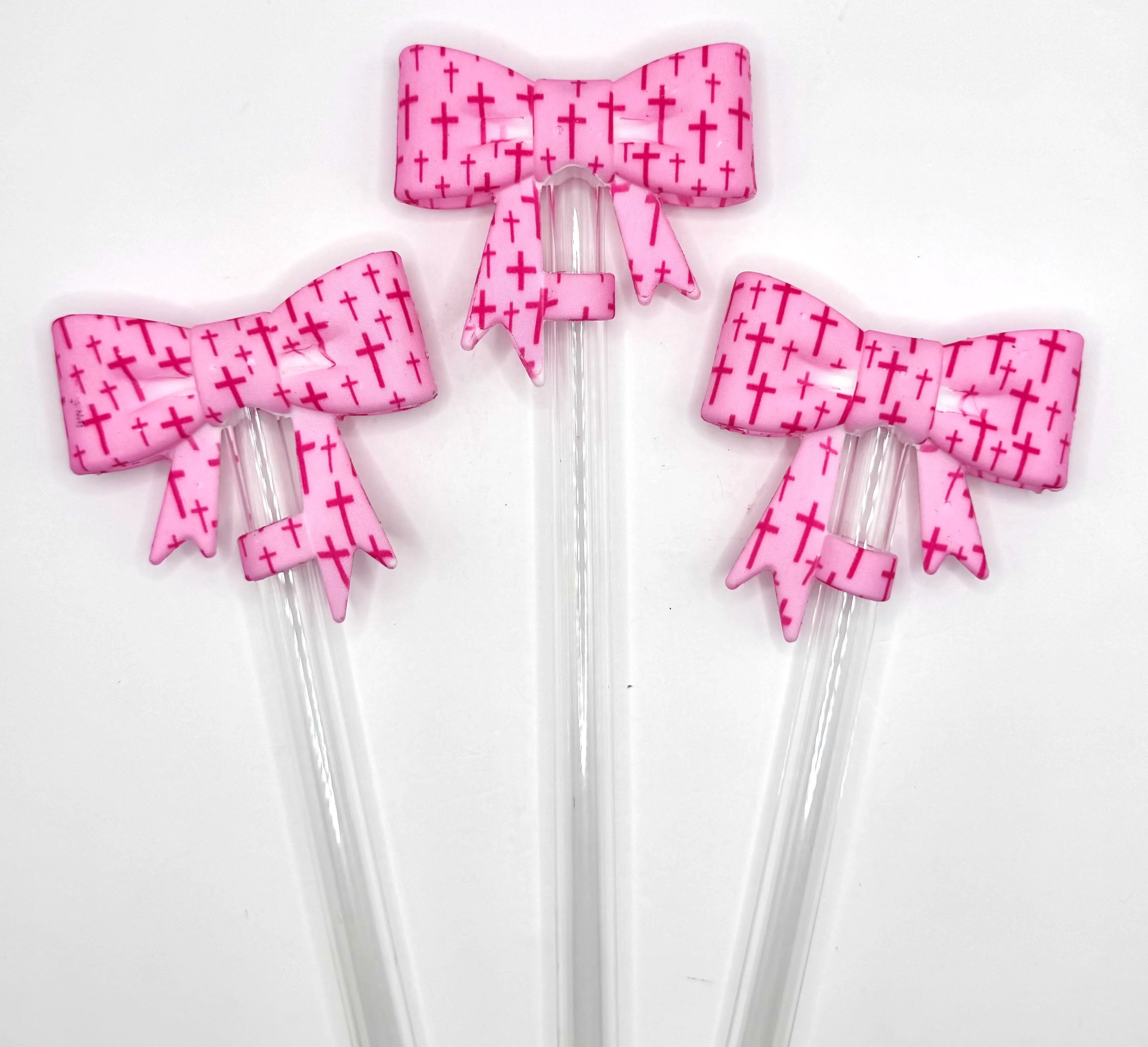 Pink cross print bow (HBK exclusive) silicone straw topper