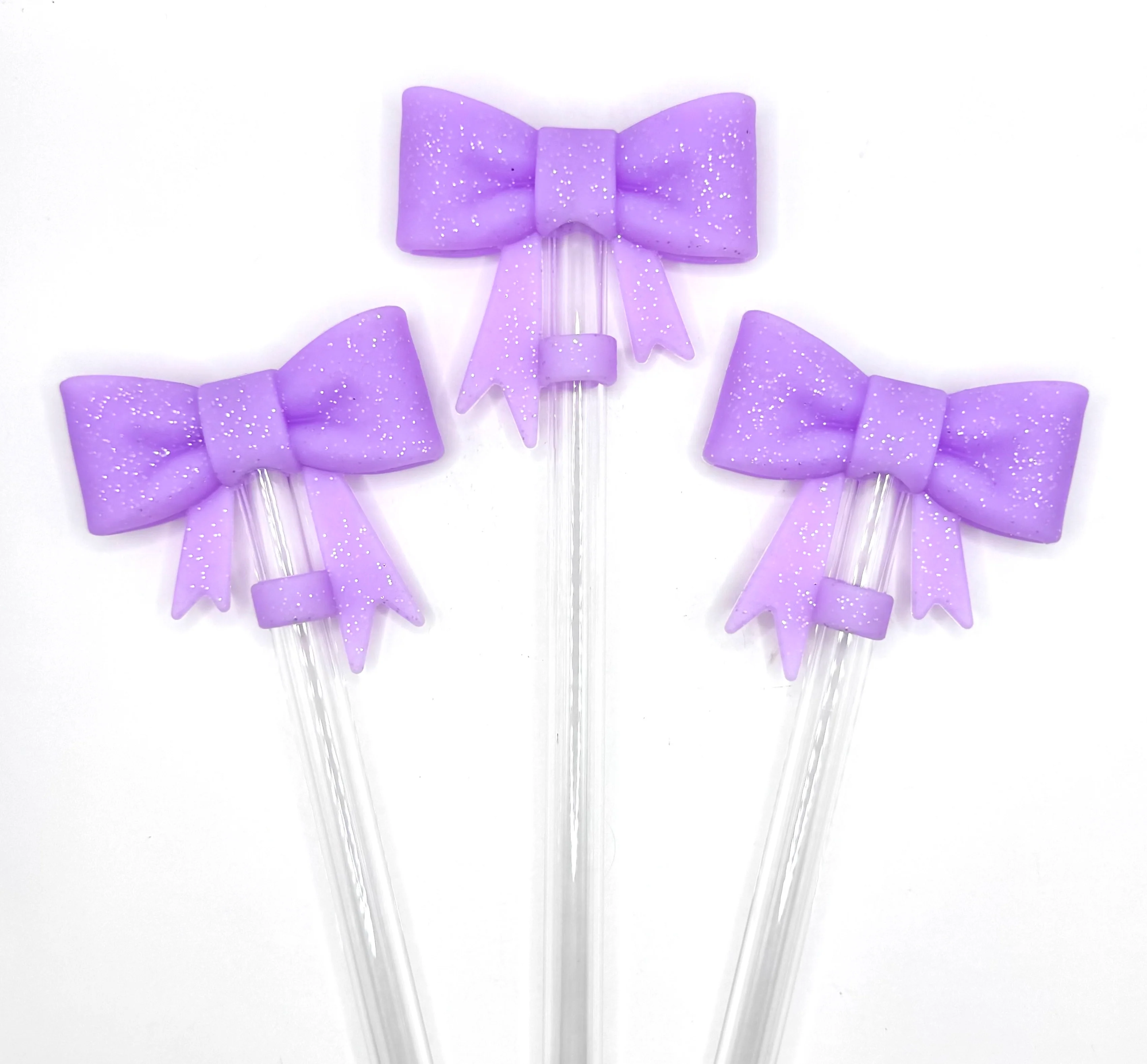 Purple glitter silicone bow straw topper