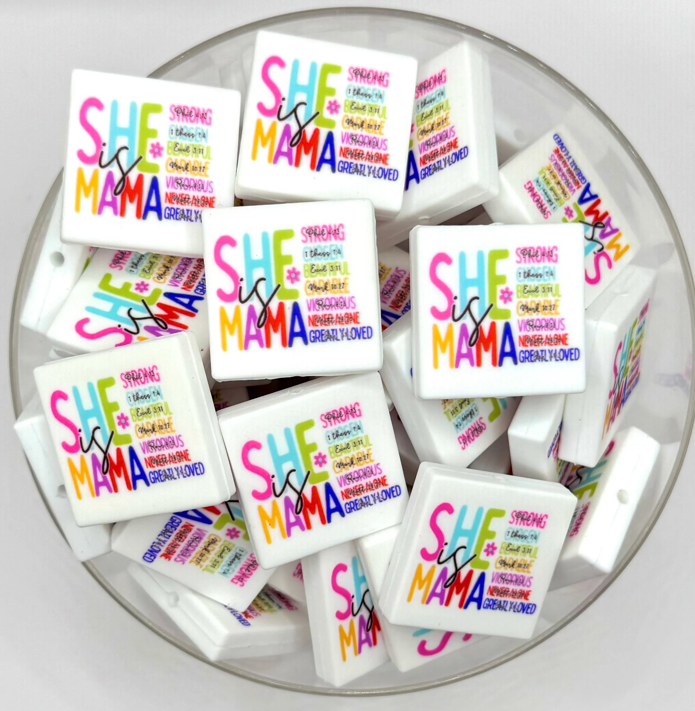 She is mama - strong, chosen, beautiful, capital, victorious, never alone, greatly loved (HBK Exclusive) silicone printed focal bead