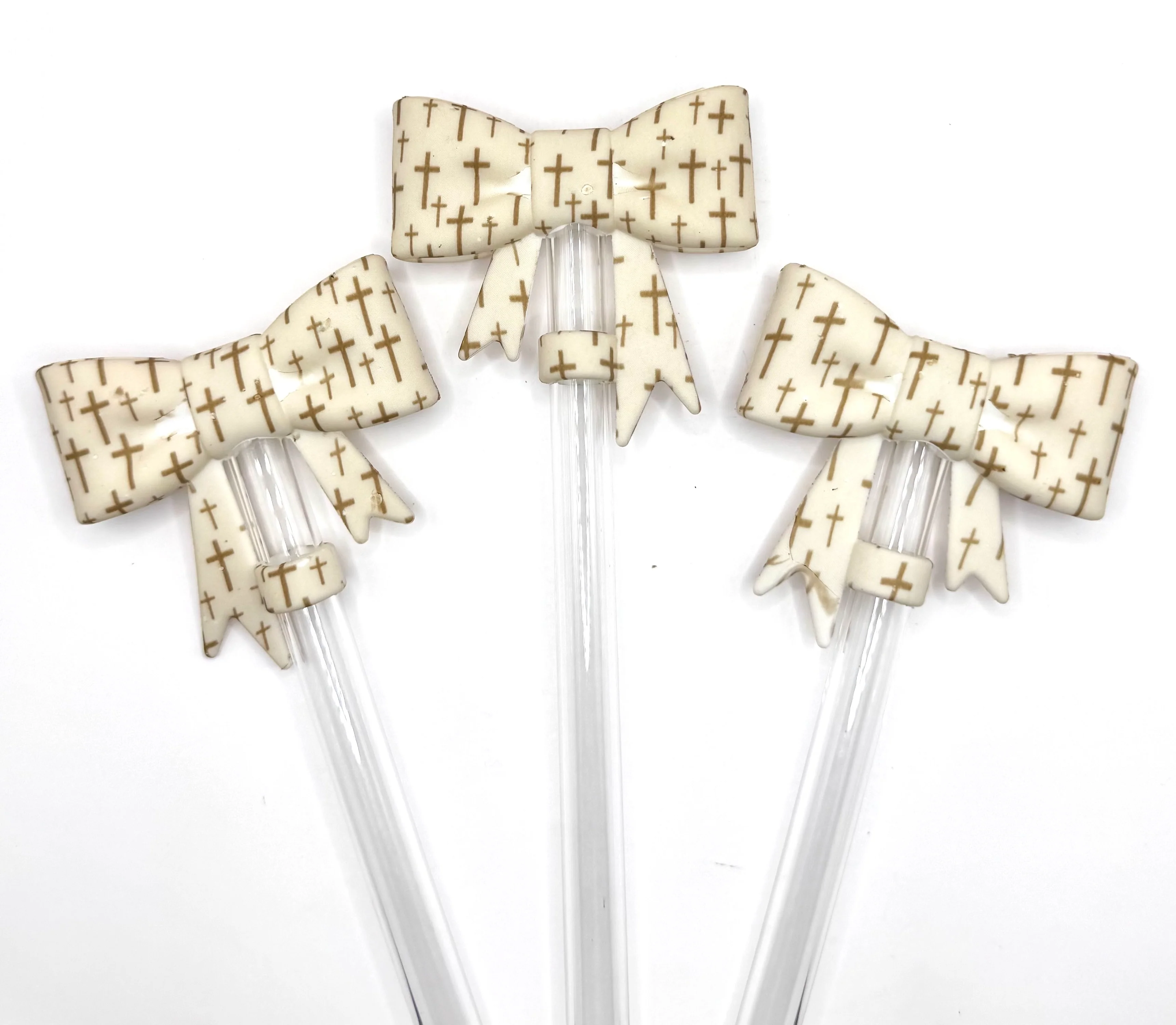 Tan cross print bow (HBK exclusive) silicone straw topper